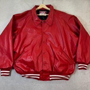 VINTAGE Awards USA Red Leather Letterman Varsity‎ Bomber Jacket Men 3XL Snap EUC